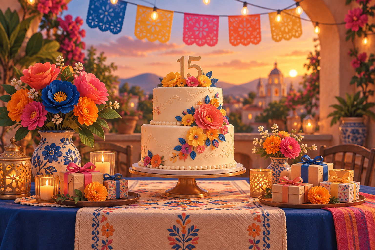 Celebración de XV años con flores, pastel y regalos